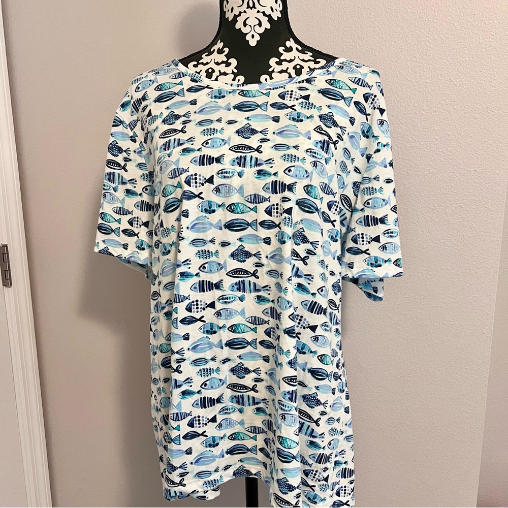 Coral Bay Women’s Cotton Polyester Blend Soft Fish Marine Blue White T-Shirt 1X